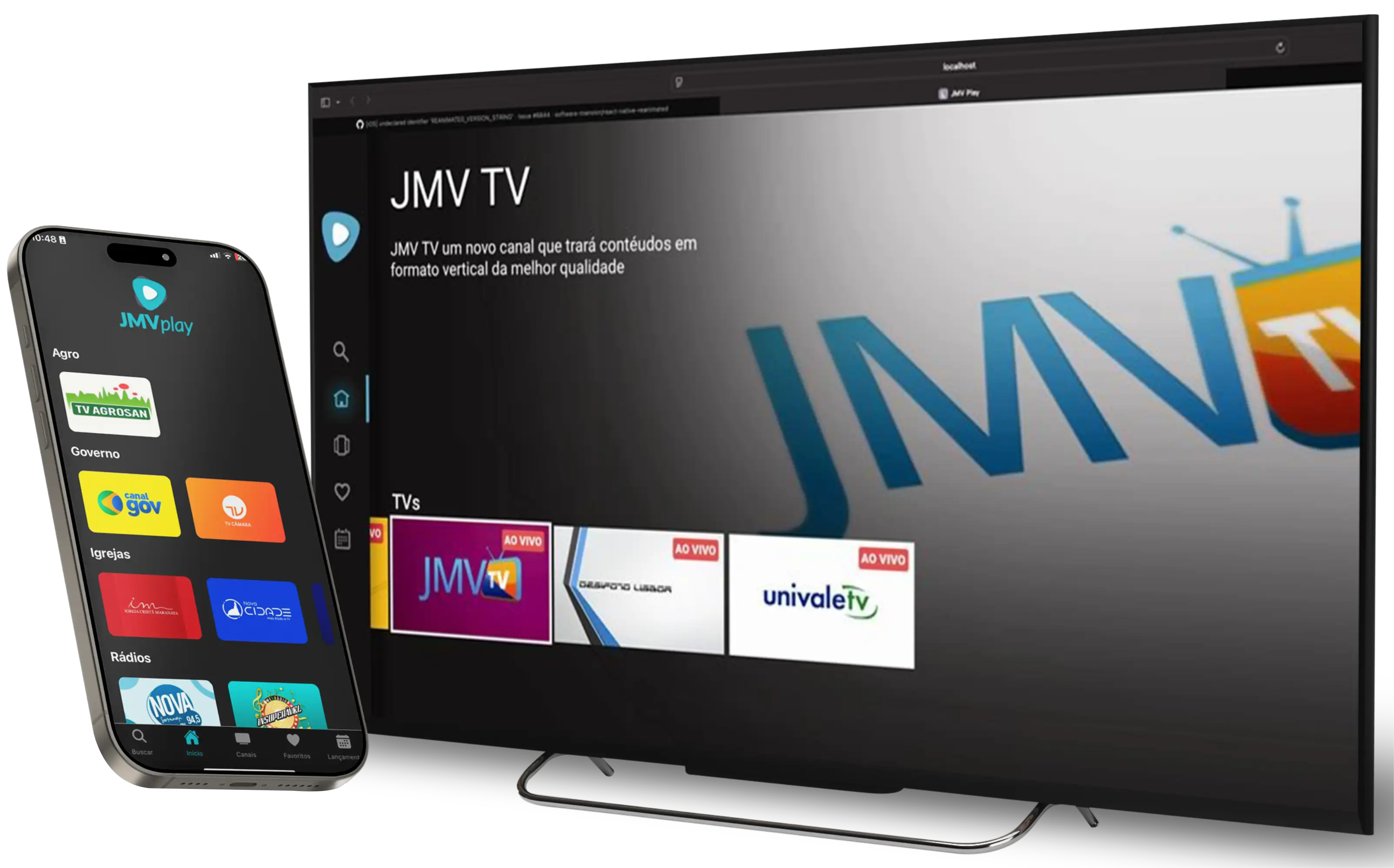 JMV Play funcionando em smartphone, tablet e Smart TV. Interface do aplicativo de TV e rádio ao vivo.